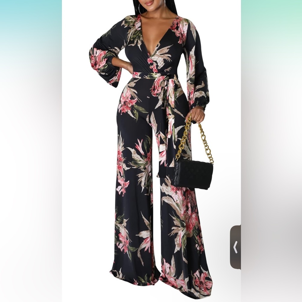 NWT Women's Floral Print Elegant Deep V- Neck sleeveless Sleeve Jumpsuit